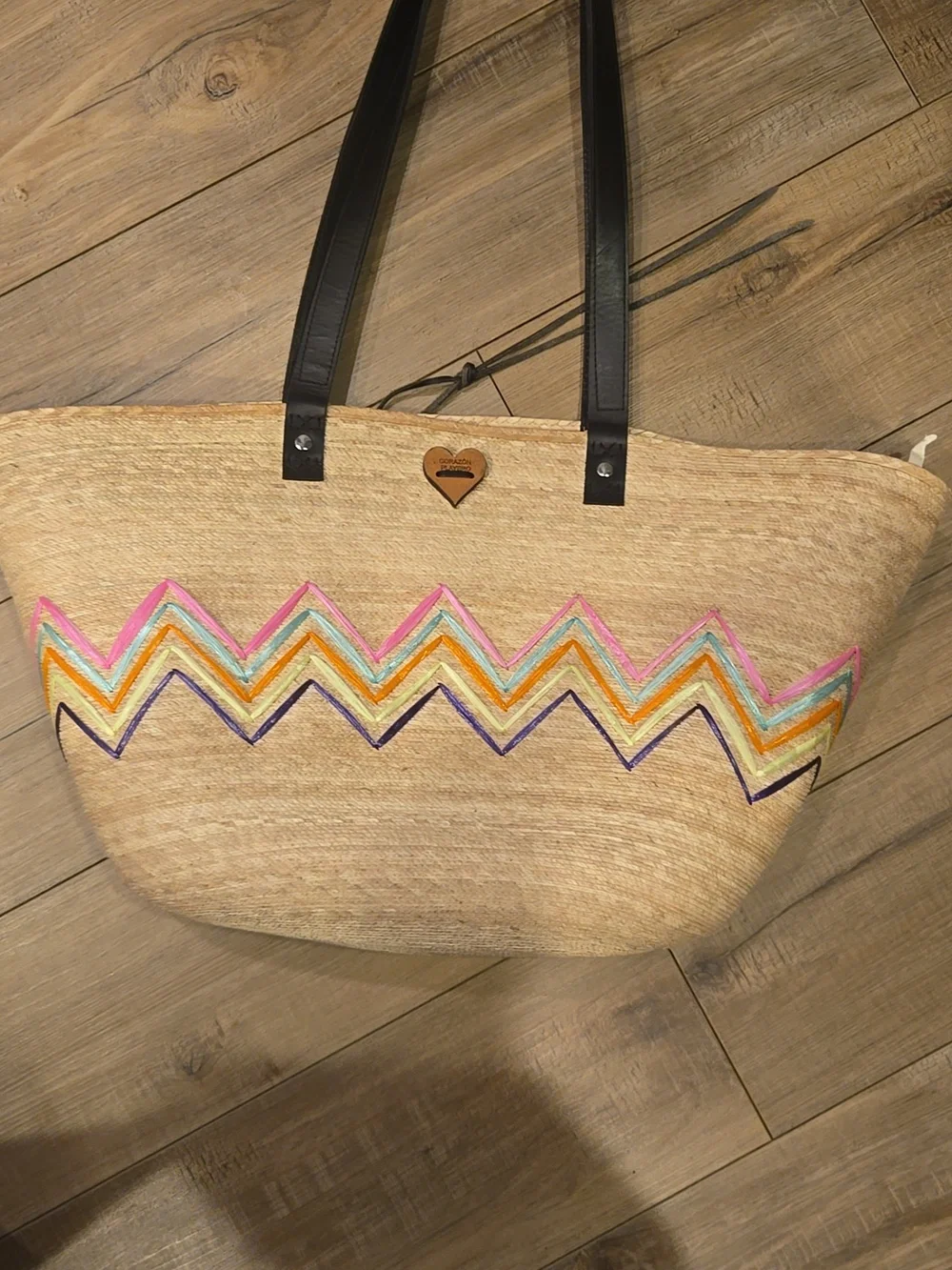 Corazon Playero Boho Straw Tote Bag | Woven Beach Bag | Colorful Chevron Embroid